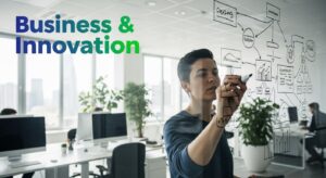 A person sketching an idea on a glass wall, representing the Business & Innovation category.