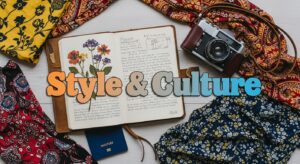 A flat lay of items like a camera and journal, for the Style & Culture category.