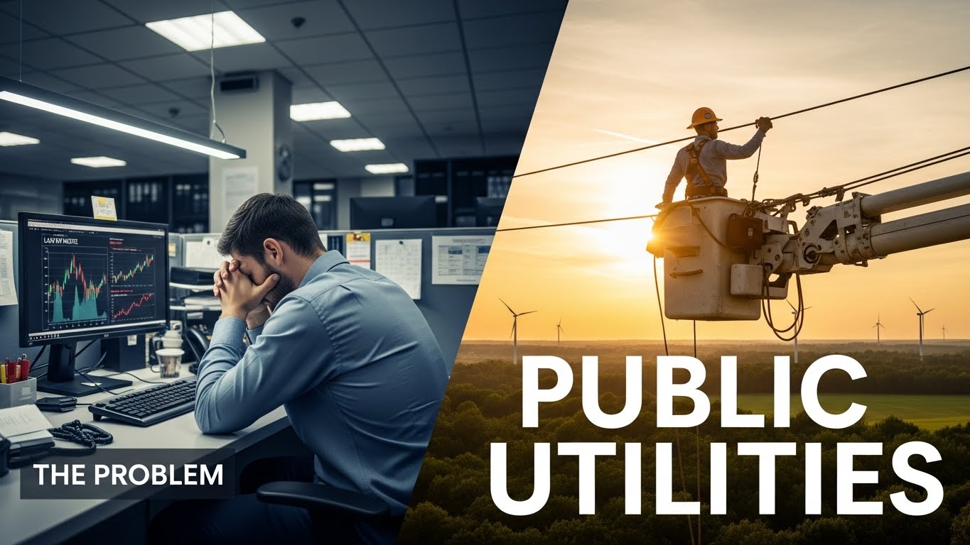 Split screen showing corporate burnout versus a secure career as a utility lineman.