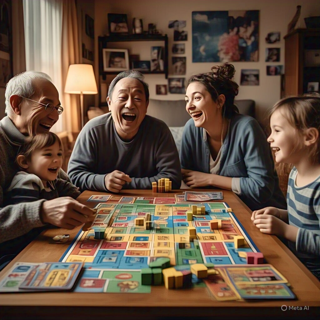 A cozy indoor scene with a family enjoying games together