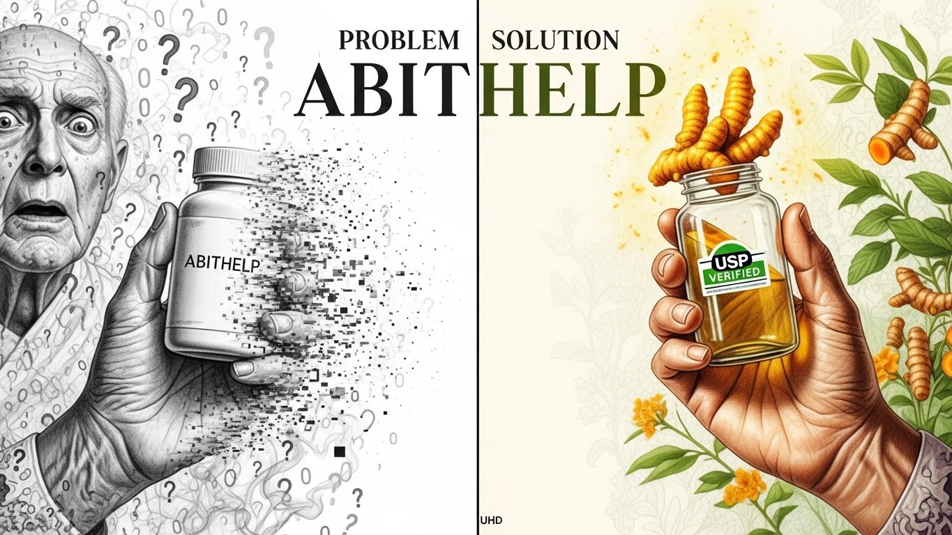 Comparison of fake Abithelp tablet dissolving into smoke versus legitimate natural pain relief supplements like turmeric.