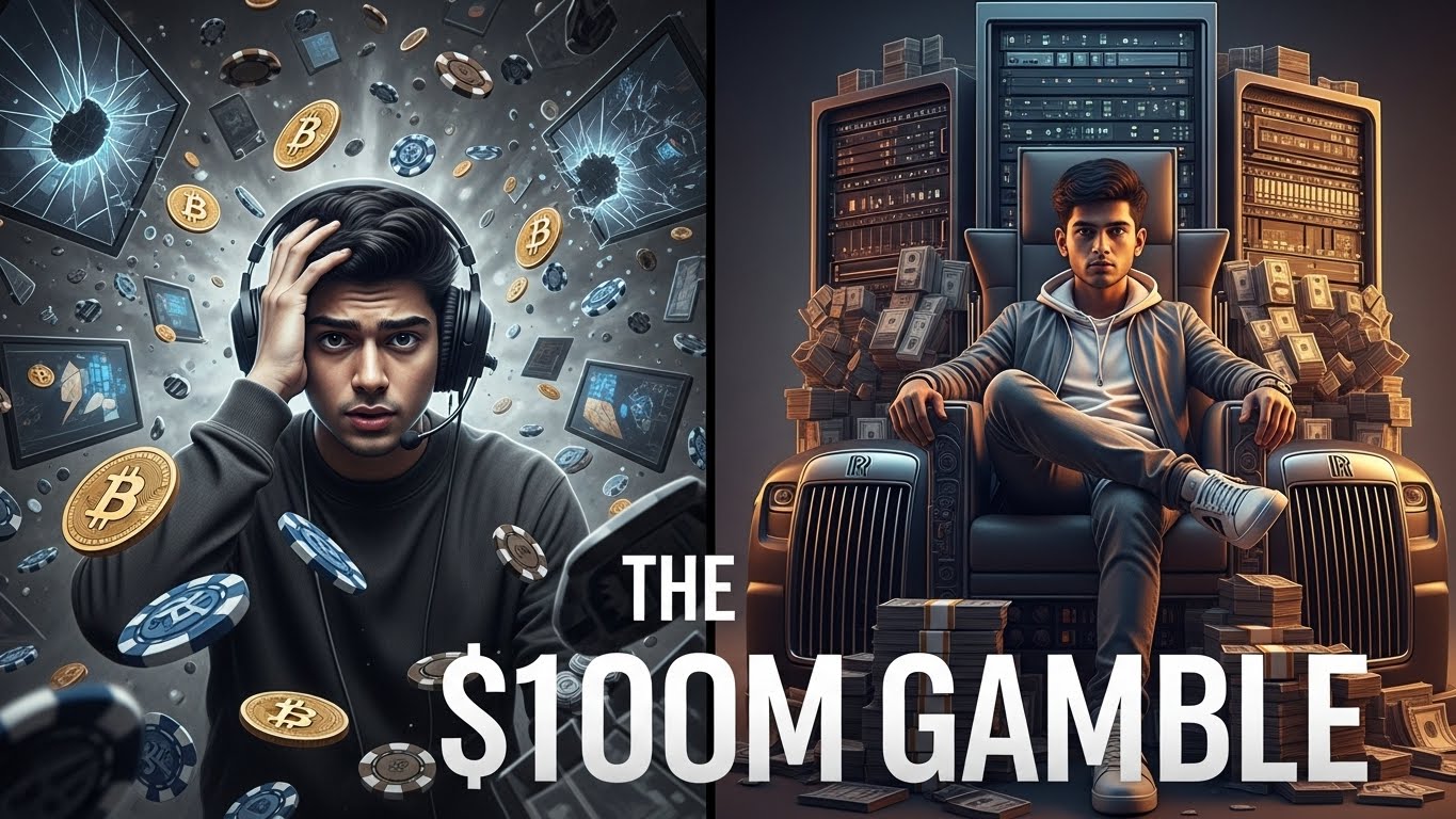 Split screen hyperrealistic charcoal drawing. Left: A young streamer in a headset surrounded by chaotic floating crypto coins and gambling chips. Right: A composed figure sitting on a throne made of server racks and luxury car parts.