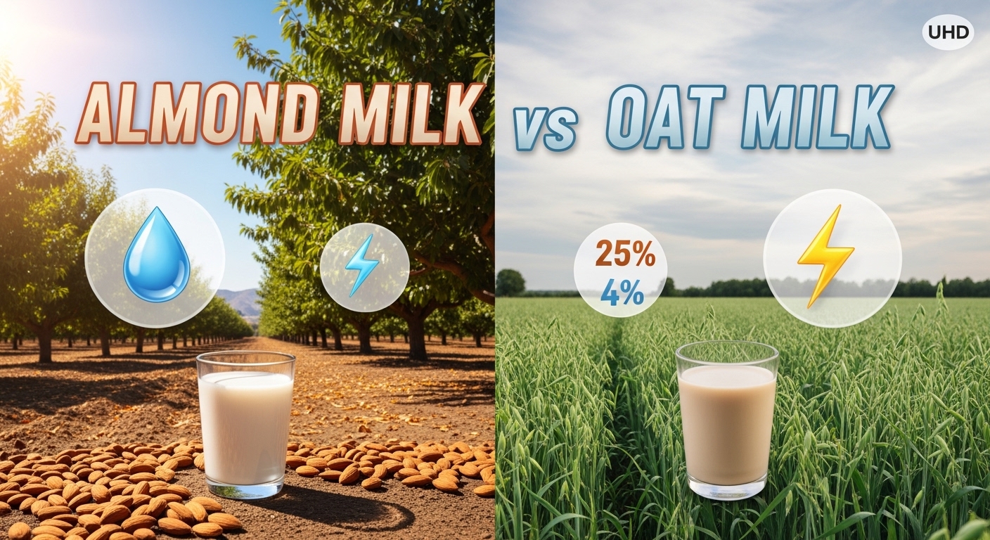 A split-screen image comparing an almond orchard and glass of almond milk to an oat field and glass of oat milk, with nutrition icons.