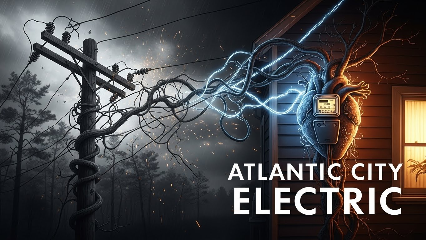Split screen hyperrealistic charcoal drawing. Left: A dark, stormy South Jersey pine forest with tangled, broken power lines. Right: A glowing, organized smart grid with a futuristic meter radiating light into a warm home.