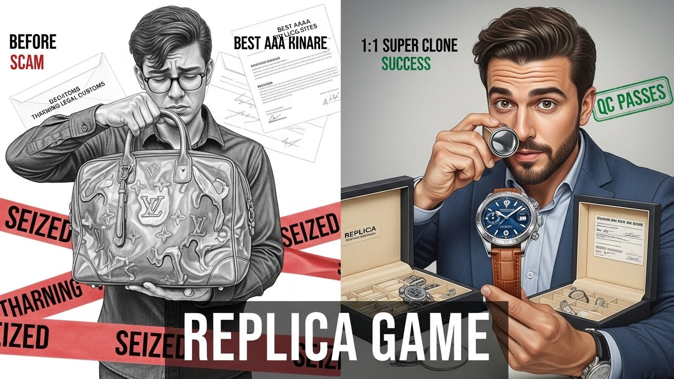 Split screen hyperrealistic sketch showing a cheap seized fake vs a high quality super clone replica.