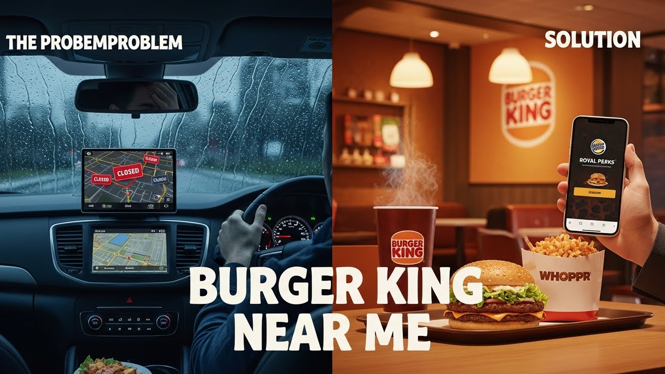 A cinematic split-screen showing a frustrated driver looking for food at night versus a satisfied customer holding a Whopper meal with the Burger King app open.
