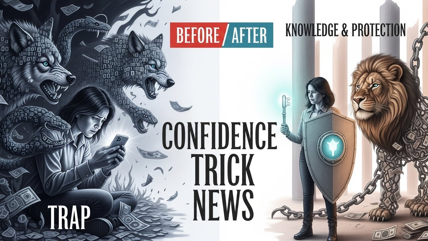 Split screen hyperrealistic sketch showing a victim of fraud vs a protected individual, symbolizing confidence trick news and prevention.