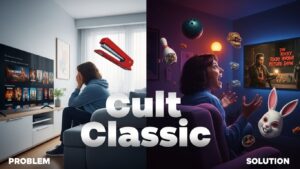 A split image showing a person bored with mainstream movies on the left and passionately engaged with a cult classic on the right.