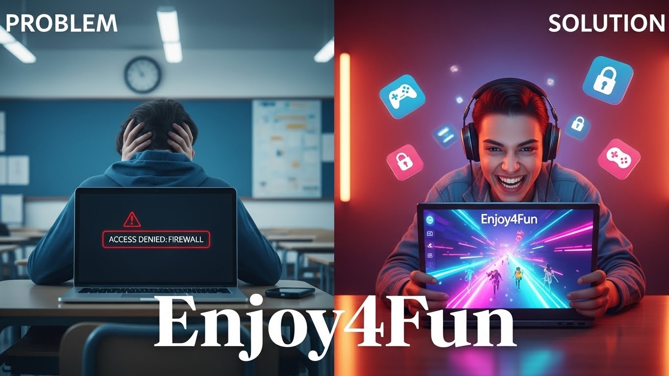 A split image showing a student blocked by a firewall versus playing games on Enjoy4Fun.