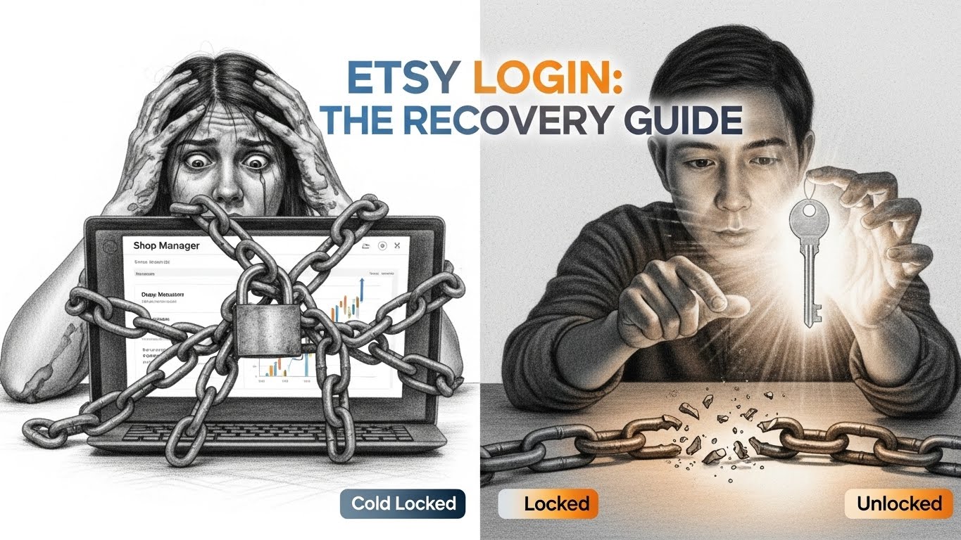 Split screen hyperrealistic pencil drawing. Left: A panicked artisan seller staring at a laptop screen covered in chains and locks. Right: The same artisan smiling, holding a glowing digital key, with a successful sales dashboard visible.