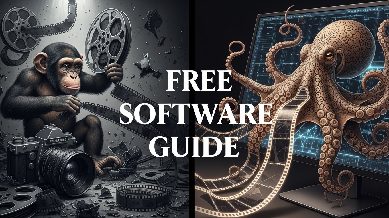Split screen hyperrealistic pencil drawing. Left: A chaotic tangle of film reels and broken cameras held by a frustrated chimp. Right: A majestic, multi-armed octopus organizing the film strips into a perfect geometric tapestry on a glowing screen.