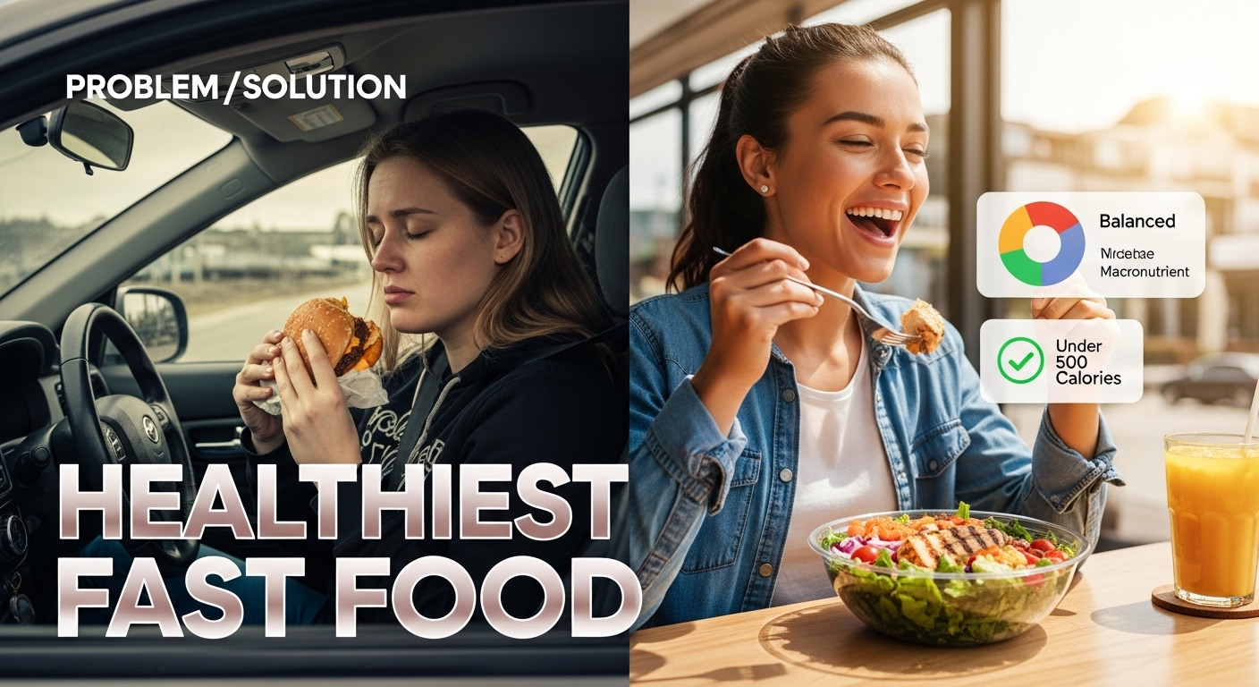 A split-screen image contrasting a person unhappily eating a greasy burger with a person happily eating a healthy fast-food salad bowl.