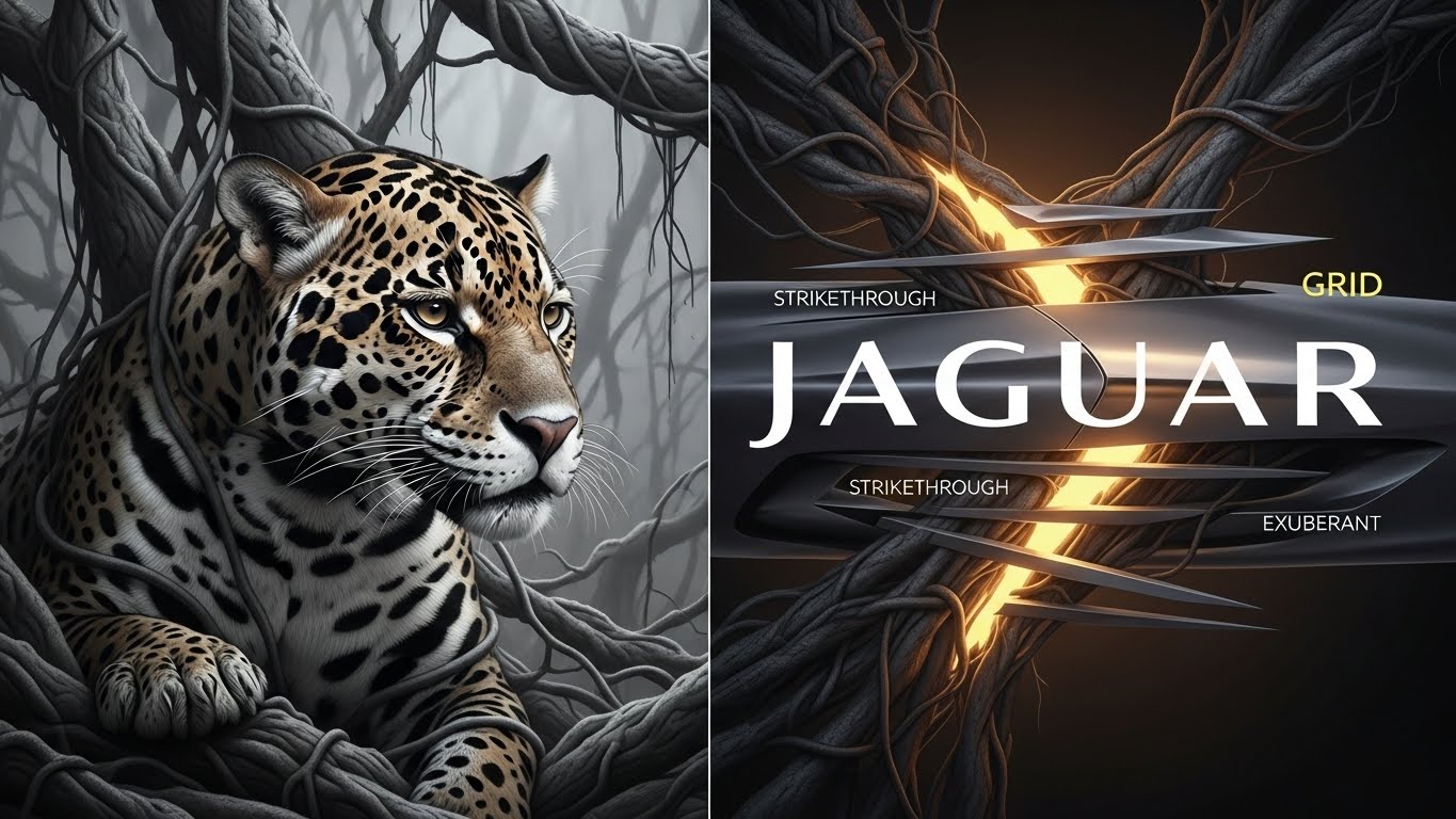 A split-screen hyperrealistic pencil drawing. Left: A snarling, realistic jaguar animal entangled in old vines. Right: A sleek, futuristic geometric structure breaking free, glowing with exuberant pink and yellow.
