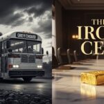 Split screen hyperrealistic charcoal drawing. Left: A vintage Greyhound bus driving through a gritty, industrial storm. Right: A pristine, glowing bar of Dial soap and a stock ticker graph rising upwards.