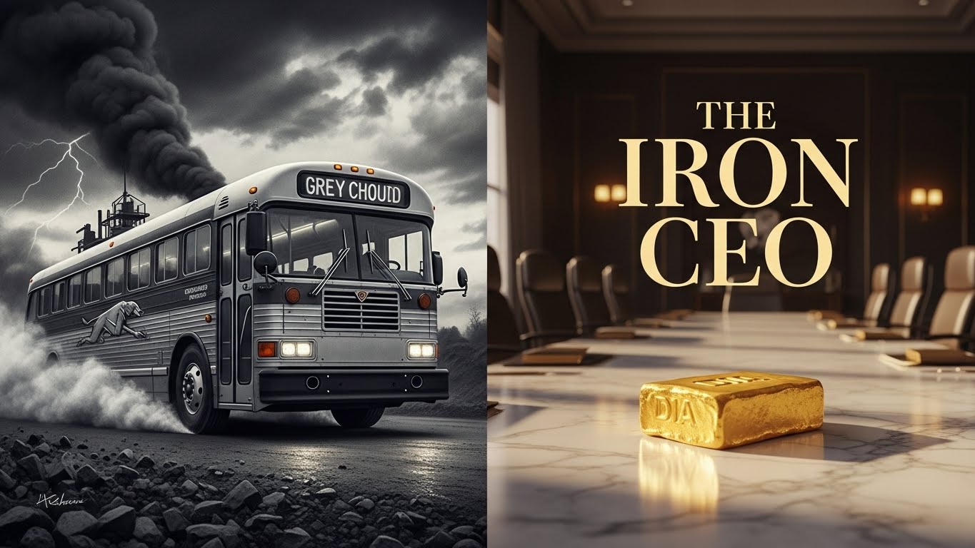Split screen hyperrealistic charcoal drawing. Left: A vintage Greyhound bus driving through a gritty, industrial storm. Right: A pristine, glowing bar of Dial soap and a stock ticker graph rising upwards.