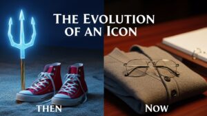 Split screen showing symbols of Percy Jackson era vs. modern sophisticated actor era.