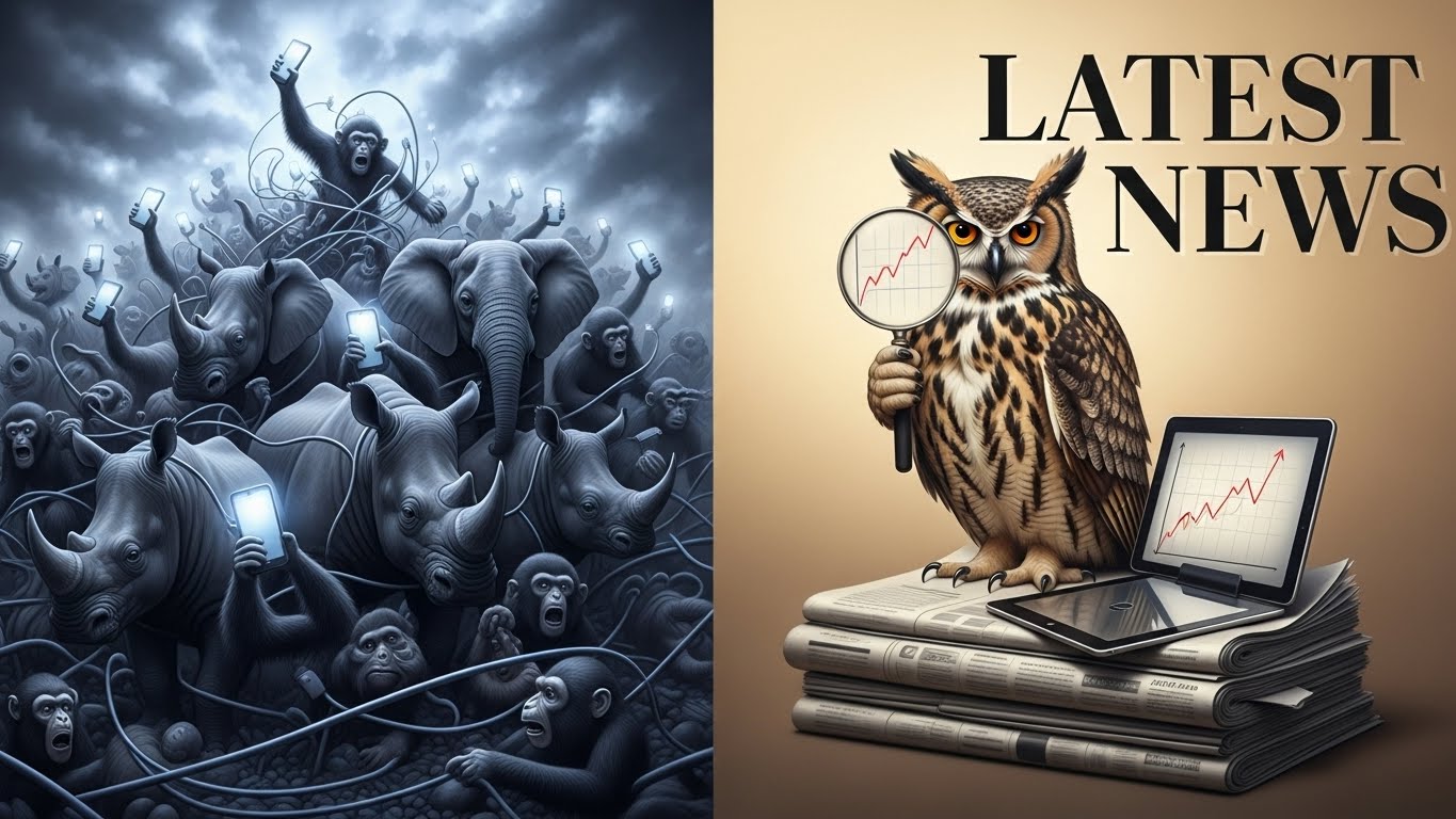 Split screen hyperrealistic charcoal drawing. Left: A chaotic stampede of wild animals (representing information overload) holding glowing smartphones. Right: A single, majestic owl perched on a stack of newspapers, holding a magnifying glass.