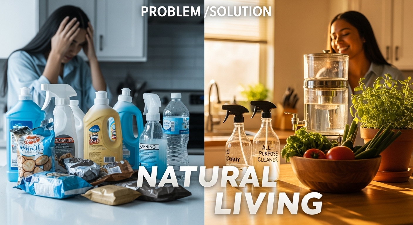 A split-screen image contrasting a cluttered, toxic kitchen with a clean, serene, natural living kitchen.