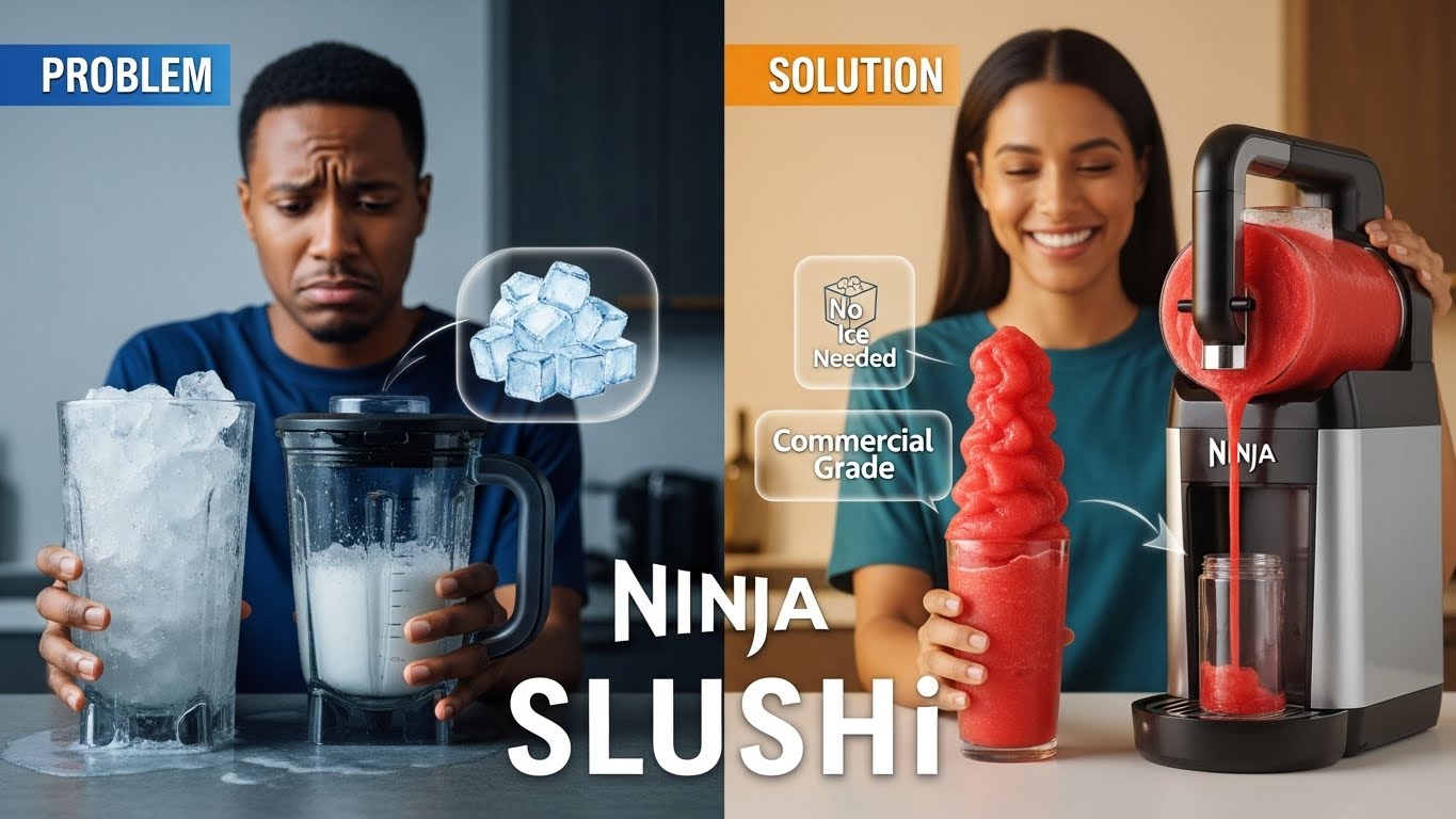 Split screen comparison showing a watery blender drink versus a perfect Ninja Slushie.