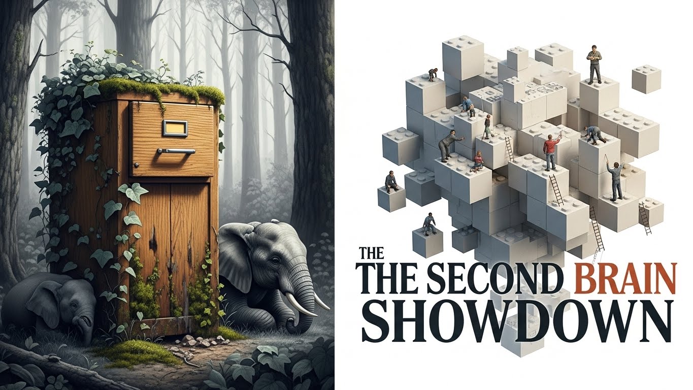 Split screen hyperrealistic charcoal drawing. Left: A vintage, sturdy oak file cabinet overgrown with realistic ivy, symbolizing Evernote. Right: A futuristic, floating structure made of interconnected geometric blocks, symbolizing Notion.