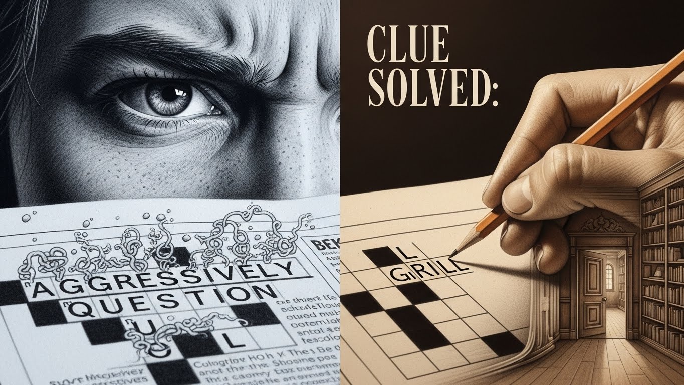 Split screen hyperrealistic charcoal drawing. Left: A stressed human eye zooming in on a crossword grid with the words 'Aggressively Question'. Right: A confident hand writing 'GRILL' in bold graphite, unlocking a glowing door.