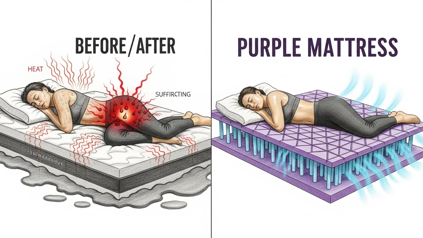 Split screen hyperrealistic sketch showing a hot, painful sleeper vs a cool, supported sleeper on a Purple Grid.