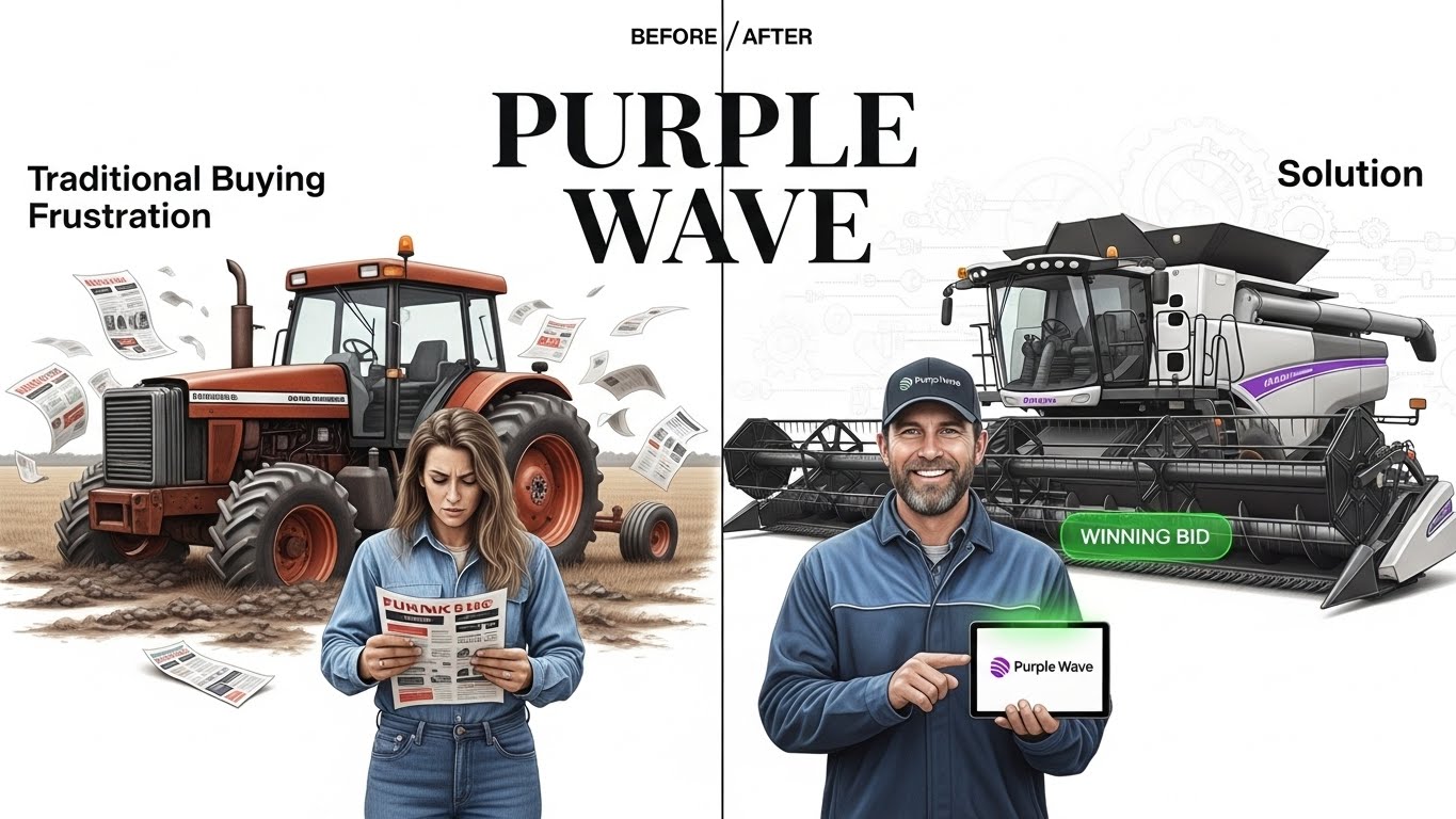 Split screen hyperrealistic sketch showing a frustrated farmer with broken equipment vs a successful Purple Wave bidder with new machinery.