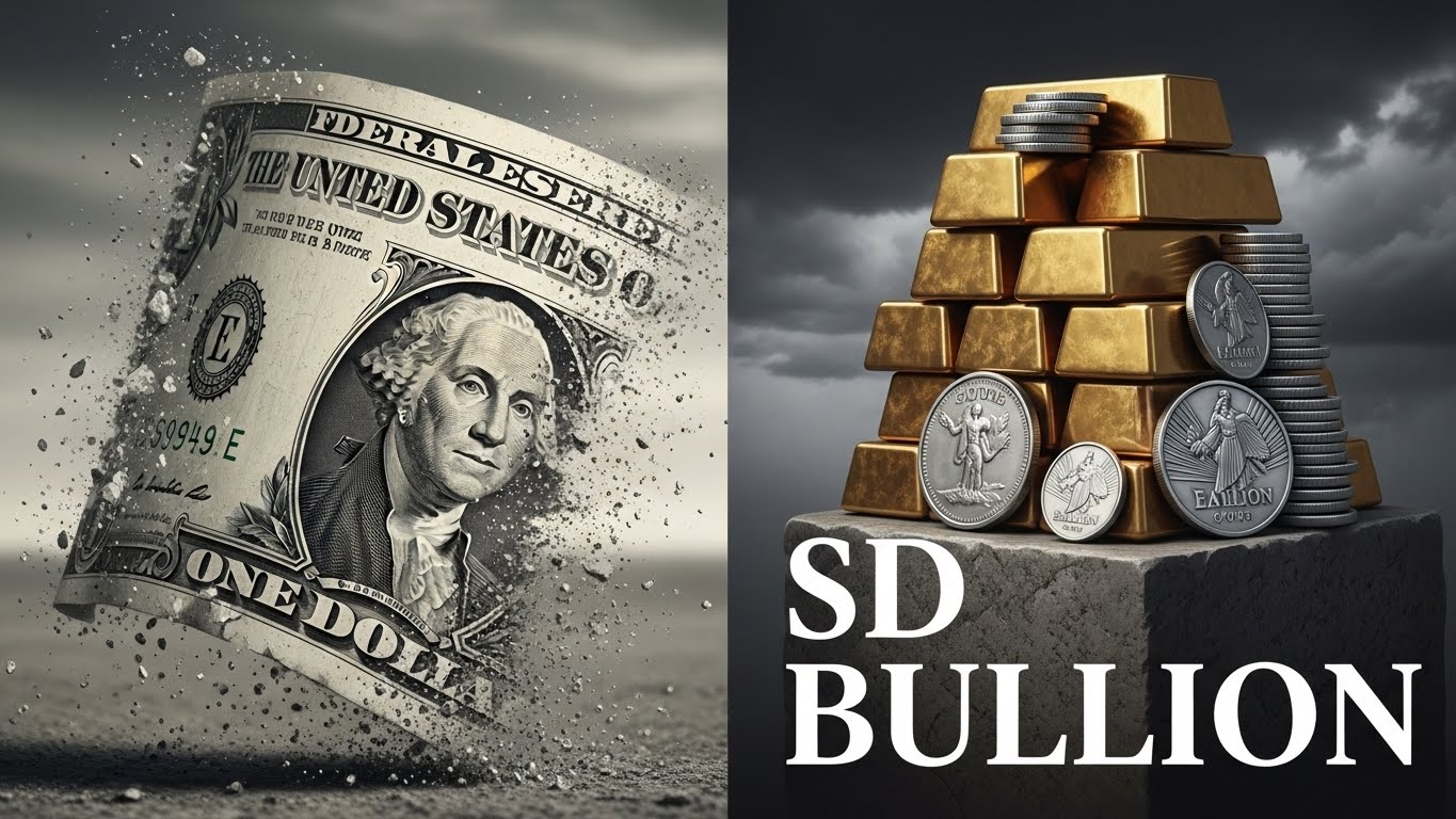 Split screen hyperrealistic charcoal drawing. Left: A crumbling paper dollar bill dissolving into dust and wind. Right: A solid, shining stack of gold and silver bars anchoring a strong foundation against a storm.