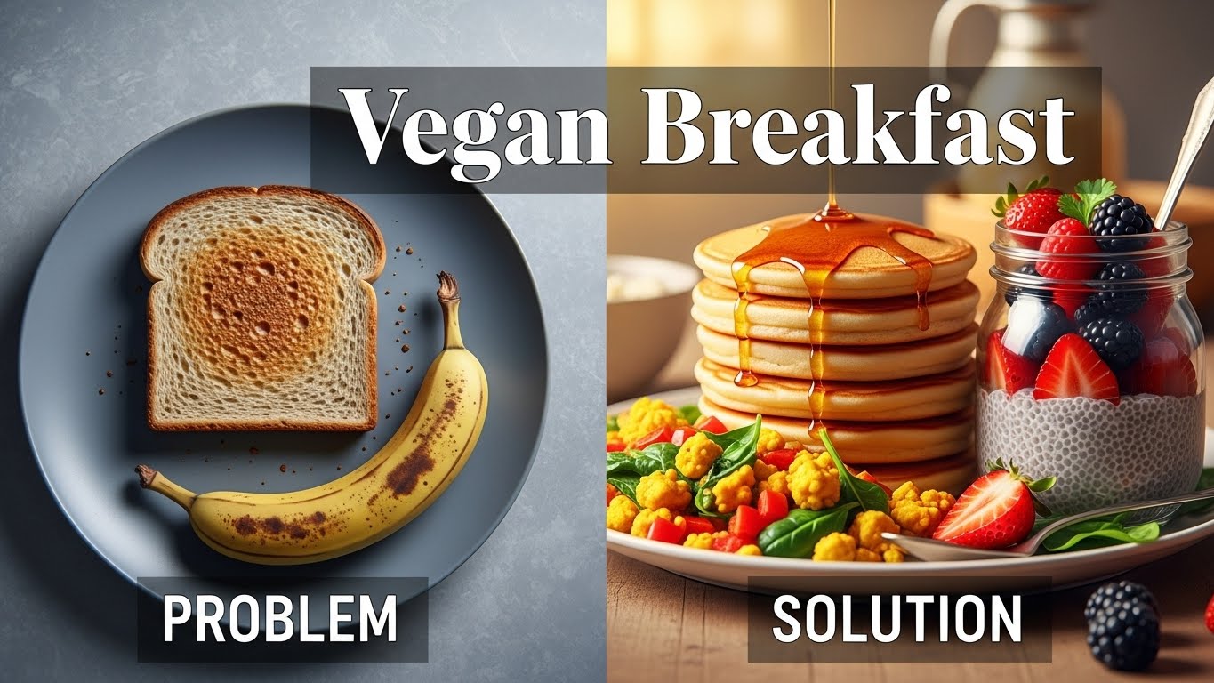 Split screen showing a sad dry toast breakfast versus a vibrant, delicious vegan feast with pancakes and tofu scramble.