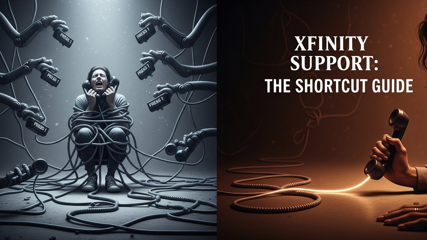 Split screen hyperrealistic pencil drawing. Left: A person tangled in a chaotic web of telephone cords and robotic arms holding phones. Right: The same person holding a single glowing phone, speaking calmly to a helpful human agent.