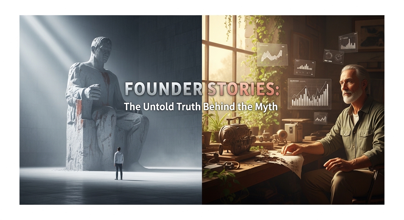 A split-screen image contrasting the myth of the perfect founder with the reality of mentorship and learning from failure.