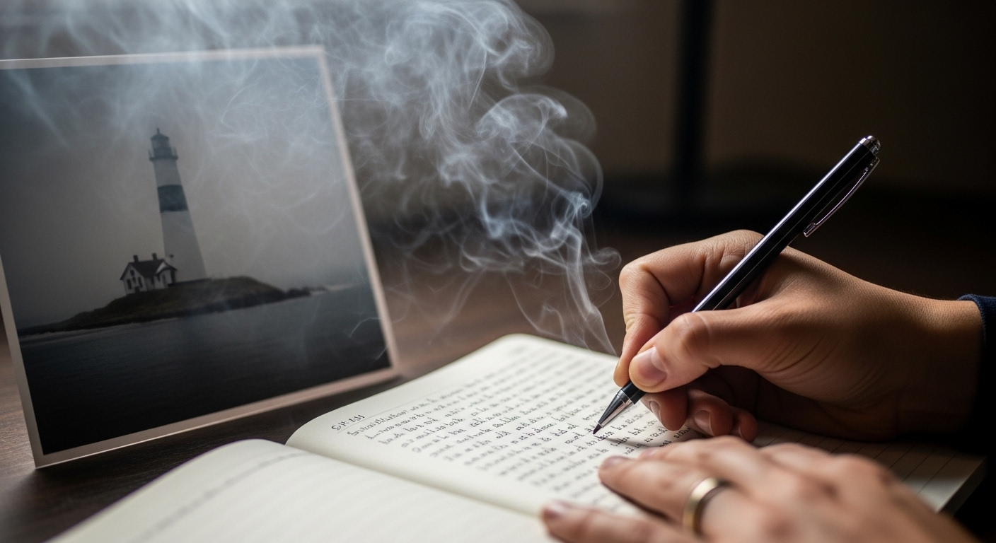 A writer looking at a photo of a lighthouse and writing descriptive prose inspired by it.