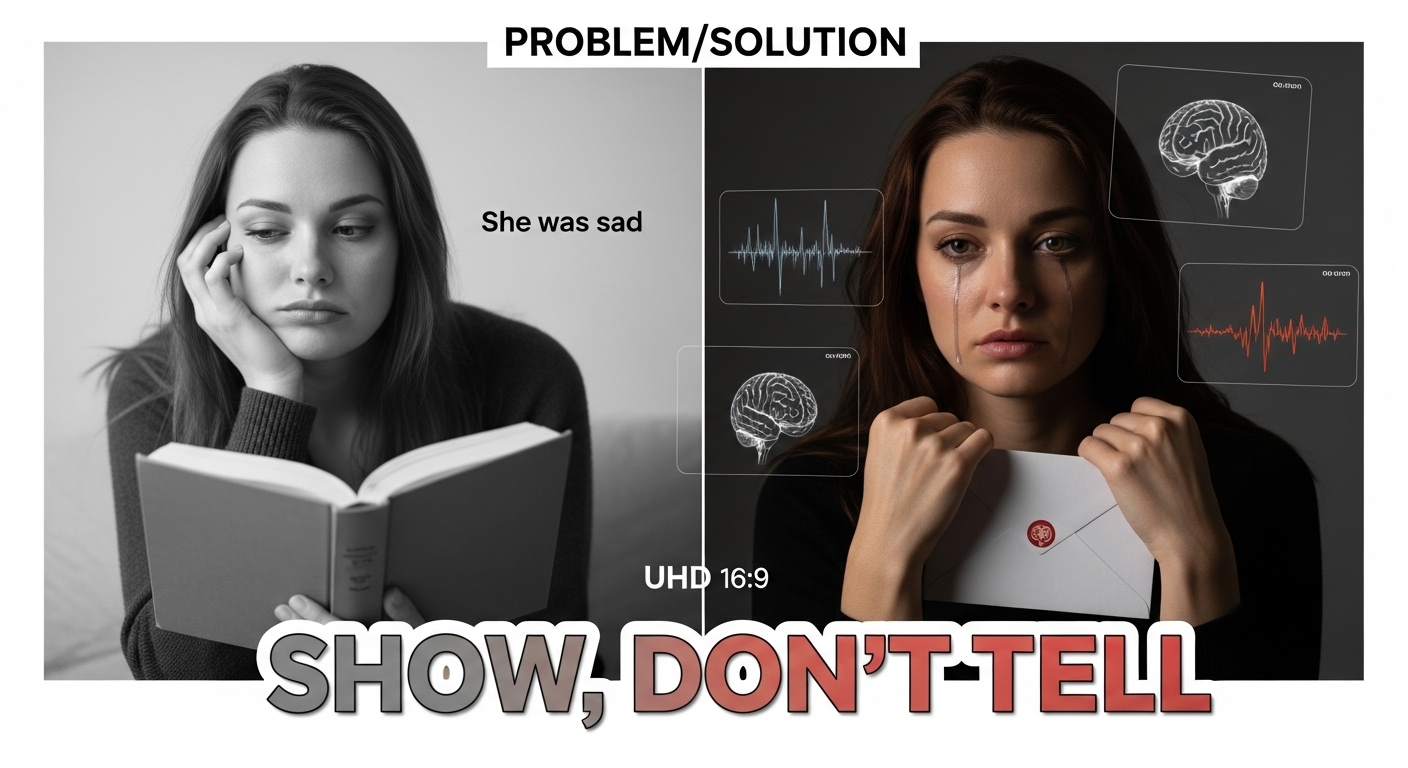 A split-screen image contrasting the concept of "telling" (a bored reader) with "showing" (an emotionally engaged reader).