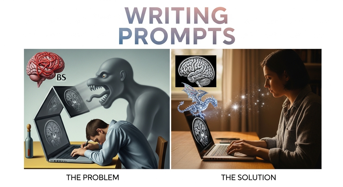 A split-screen image contrasting writer's block (a frustrated writer and blank page) with creative flow (an inspired writer creating a fantasy world).